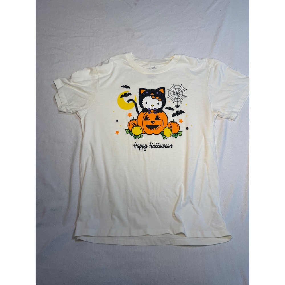 Sanrio Hello Kitty Happy Halloween Graphic Tee Cream Large Jack-O-Lantern Cat